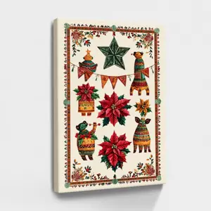 Mexican Christmas Decorations Bear Holding Trumpet, Poinsettia Plant, Festive Christmas Decoration - Botanical, Folk Art, Children's Book Illustration, Whimsical Characters Style, Wall Decor Poster for Room, Wood Framed Canvas Painting Photo Ornaments Art