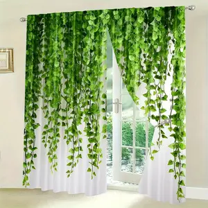 Green Leaf Pattern Polyester Curtains - Set of 2, Rod Pocket Design, Digital Print, Versatile for Living Room, Kitchen, Dining, Study - Festive Home Decor, 14+ Age Group, Easy Care