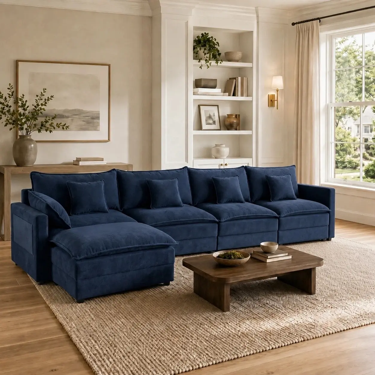 Natmen 146" L Shaped Modular Sectional Sofa, Oversized Chenille Deep Seat Sofa Couch with Movable Ottoman, 4 Throw Pillows and 2 Armrest Pillows, Modern Upholstered Couch for Living Room, Dark Blue