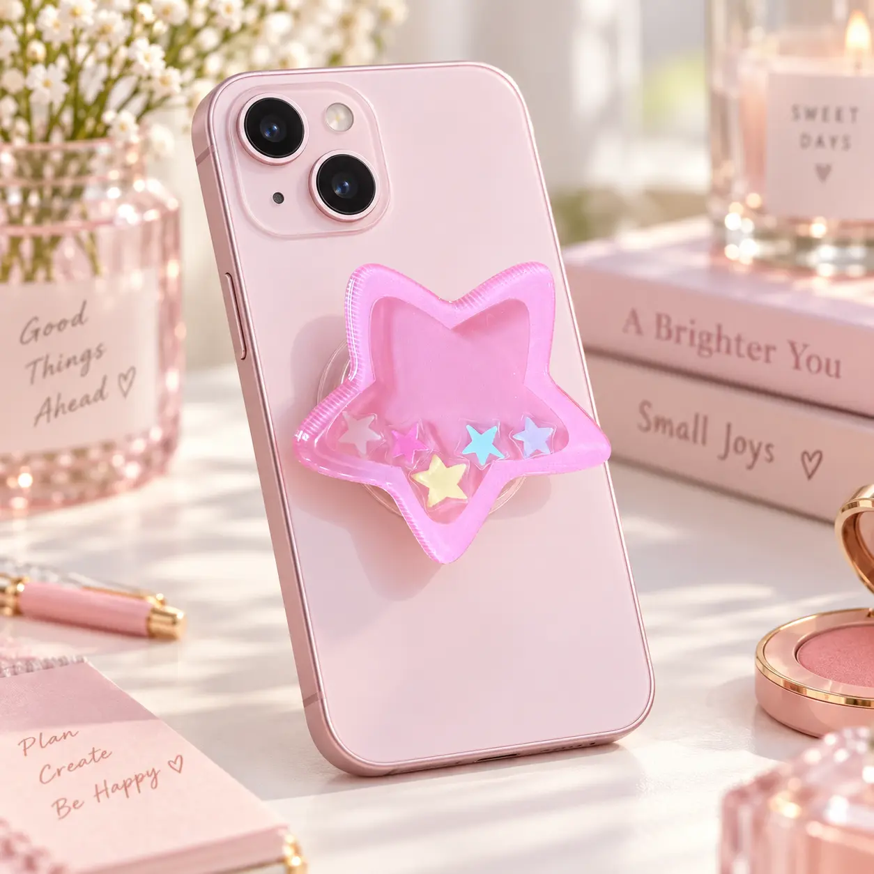 Pink Star Liquid Shaker Phone Grip Kawaii Y2K Aesthetic Acrylic Phone Holder Cute Pastel Coquette E-reader Stand Smartphone Desk Accessory For Girls