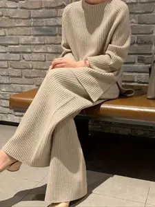 Women's Elegant Solid Color Side Slit Knit Set, Round Neck Sweater and Pants Two-Piece, Warm Soft Fall & Winter