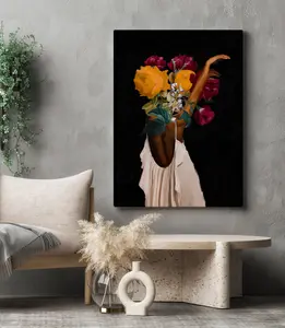 Black Woman Head Flowers Wall Art, African American Art, Black Art, Black Girl Print, Woman Art Decor, Beauty Black Woman Poster (UNFRAMED)