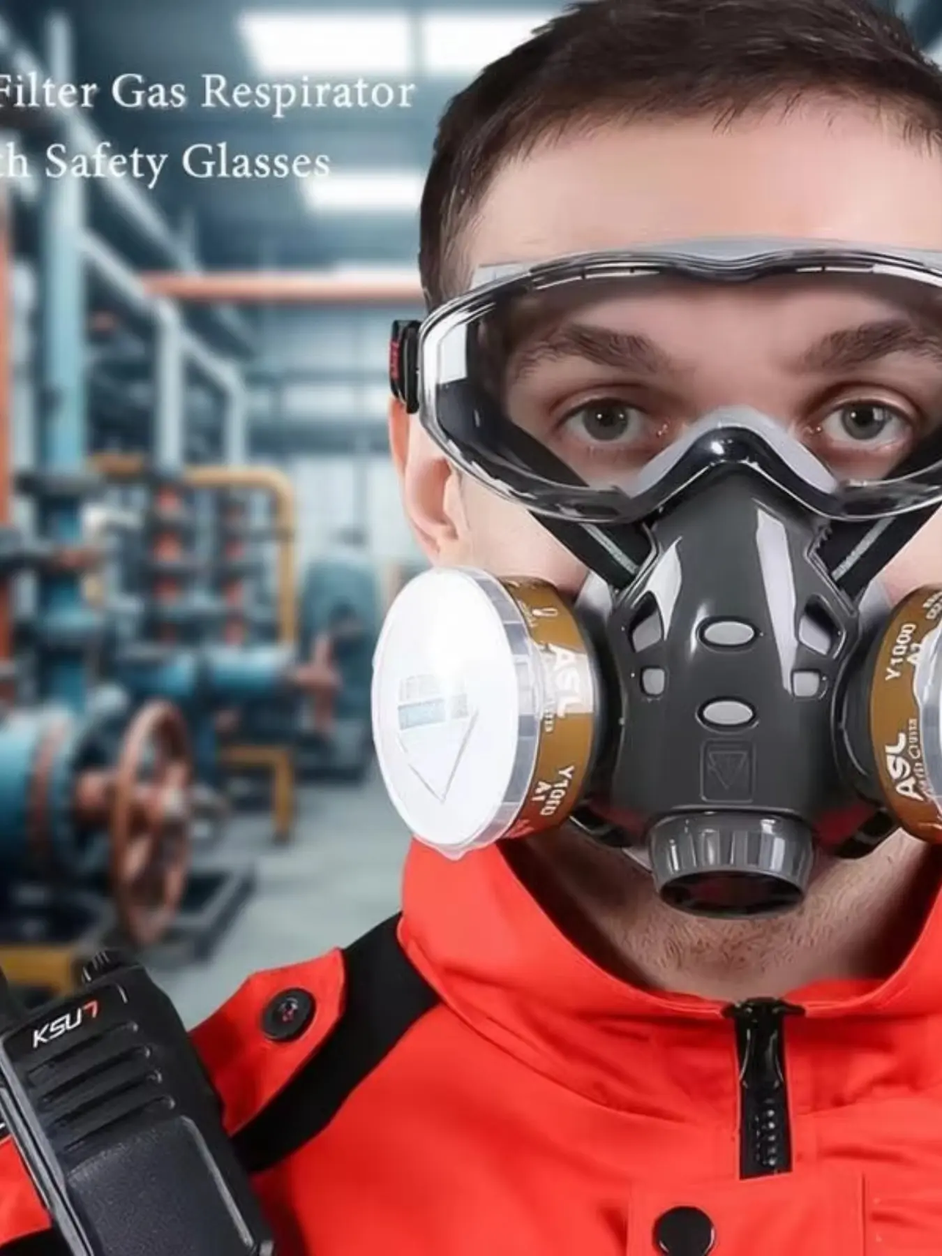 6200 Half Mask Dust Gas Respirator, Safety Goggles Integrated Mask, dustproof gasproof mask, Dual Filter Spray Polish Firefighter Work Safety Gear, Protective Respirator