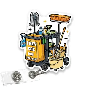 They See Me Rollin Badge Reel, Funny EVS Housekeeper Cart Acrylic Retractable ID Holder with Clip, Cleaning Crew Gift for Hospital Staff QA8V