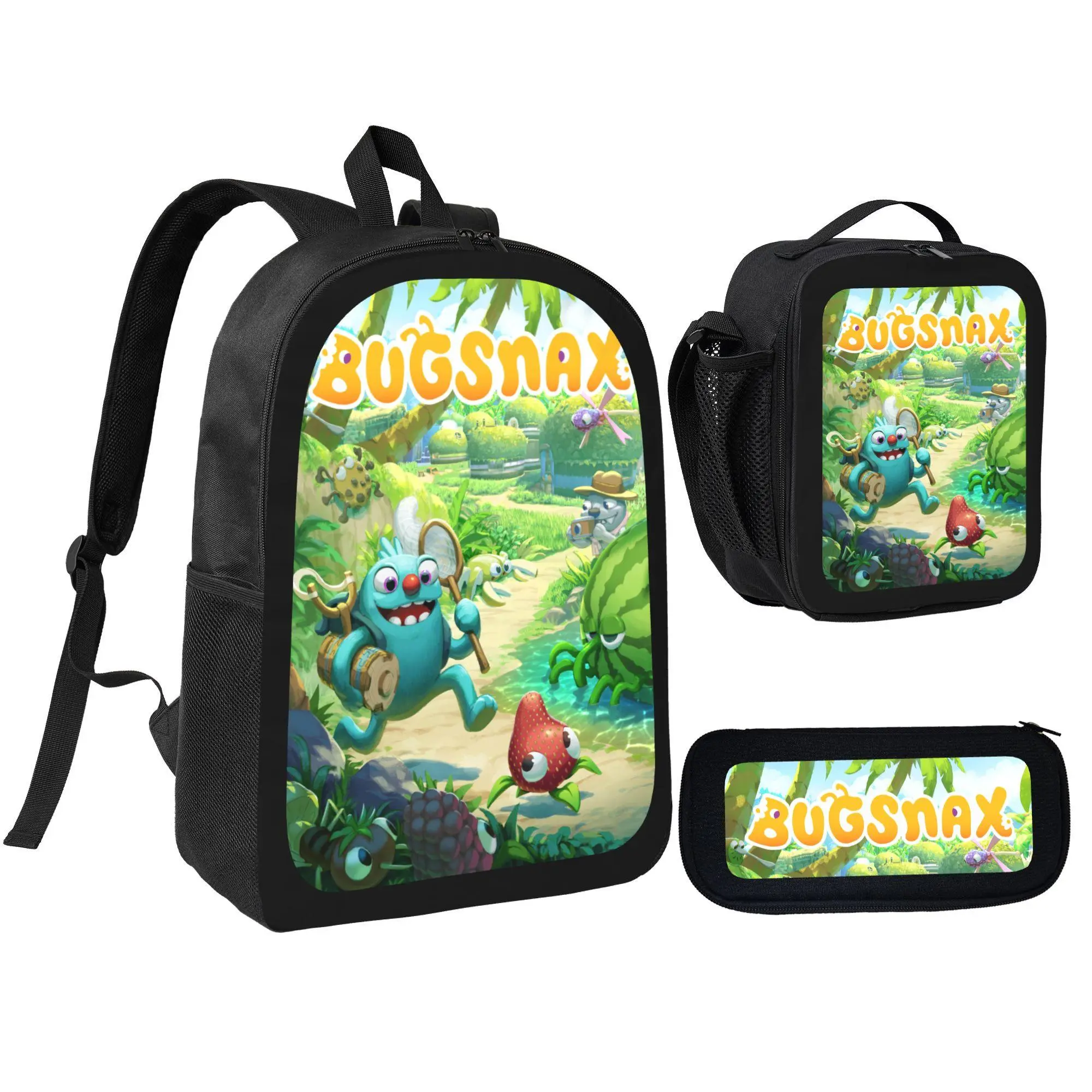 Unisex Kids' 3-Pc Polyester Backpack Set Accessories, Bugsnax Game Print School Fit Bag with Adjustable Straps, Multi-Pockets Lunch Bag & Pencil Pouch for Daily School Use