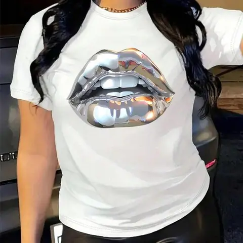 Women's Lip Print Round Neck Tee, Fashion Casual Statement Fitted Fit Crew Neck T-Shirt for Everyday Holiday Vacation Outdoor Wear, Ladies Clothes for All Seasons, Womenswear