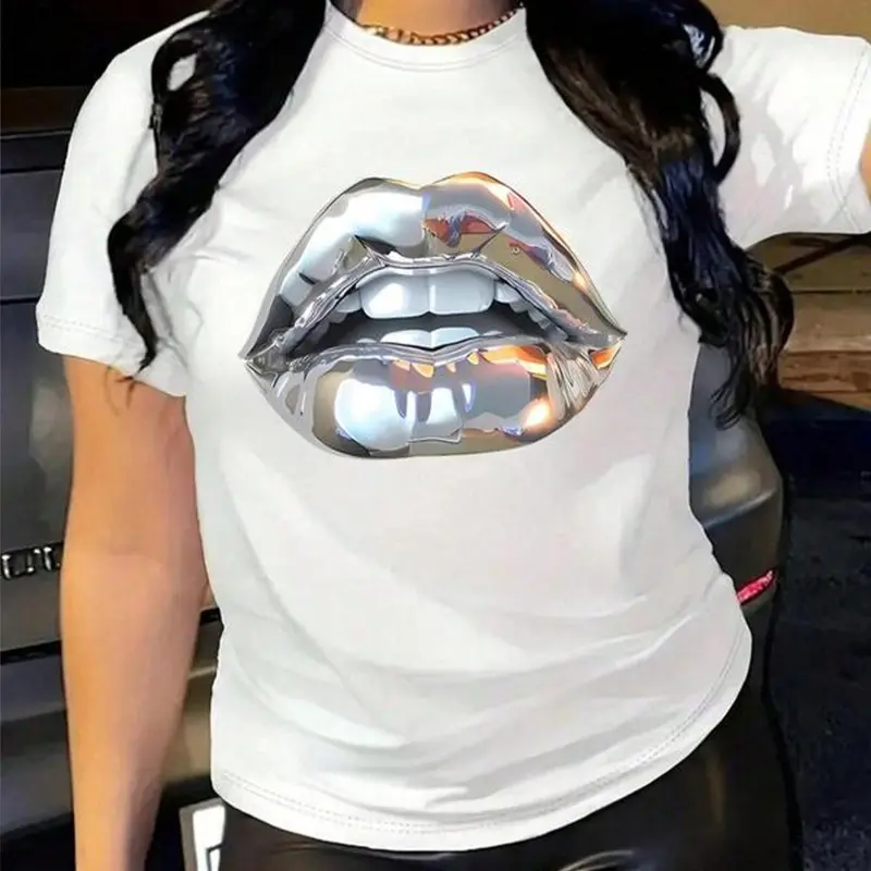 Women's Lip Print Round Neck Tee, Fashion Casual Statement Fitted Fit Crew Neck T-Shirt for Everyday Holiday Vacation Outdoor Wear, Ladies Clothes for All Seasons, Womenswear