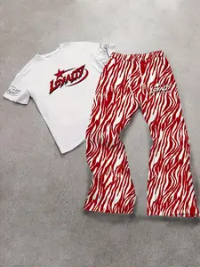Men's LOVALITY Printed White T-Shirt + Blue-and-White Zebra-Print Wide-Leg Pants Set: A breathable, skin-friendly two-piece set featuring American street style and trendy, cool prints—perfect for campus, skateboarding, and everyday wear
