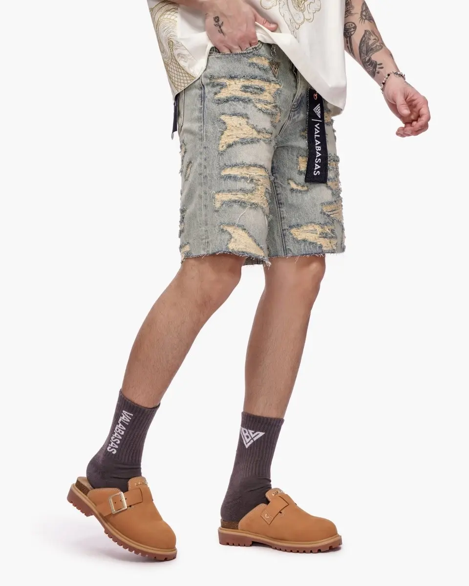 Men's Loose-Fitting Oversized Classic Denim Incise Shorts - Vintage Wash, Cold Wash, Menswear Streetwear Bottoms, Oversize, Retro Style, 90S Denim Men's Shorts, Baggy Jorts Style, Casual Jorts, Denim Statement Men's Shorts