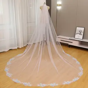 Colorful floral lace wedding veil, Pink and blue floral veil, Ivory soft tulle bridal veil, Lace trim bridal veil