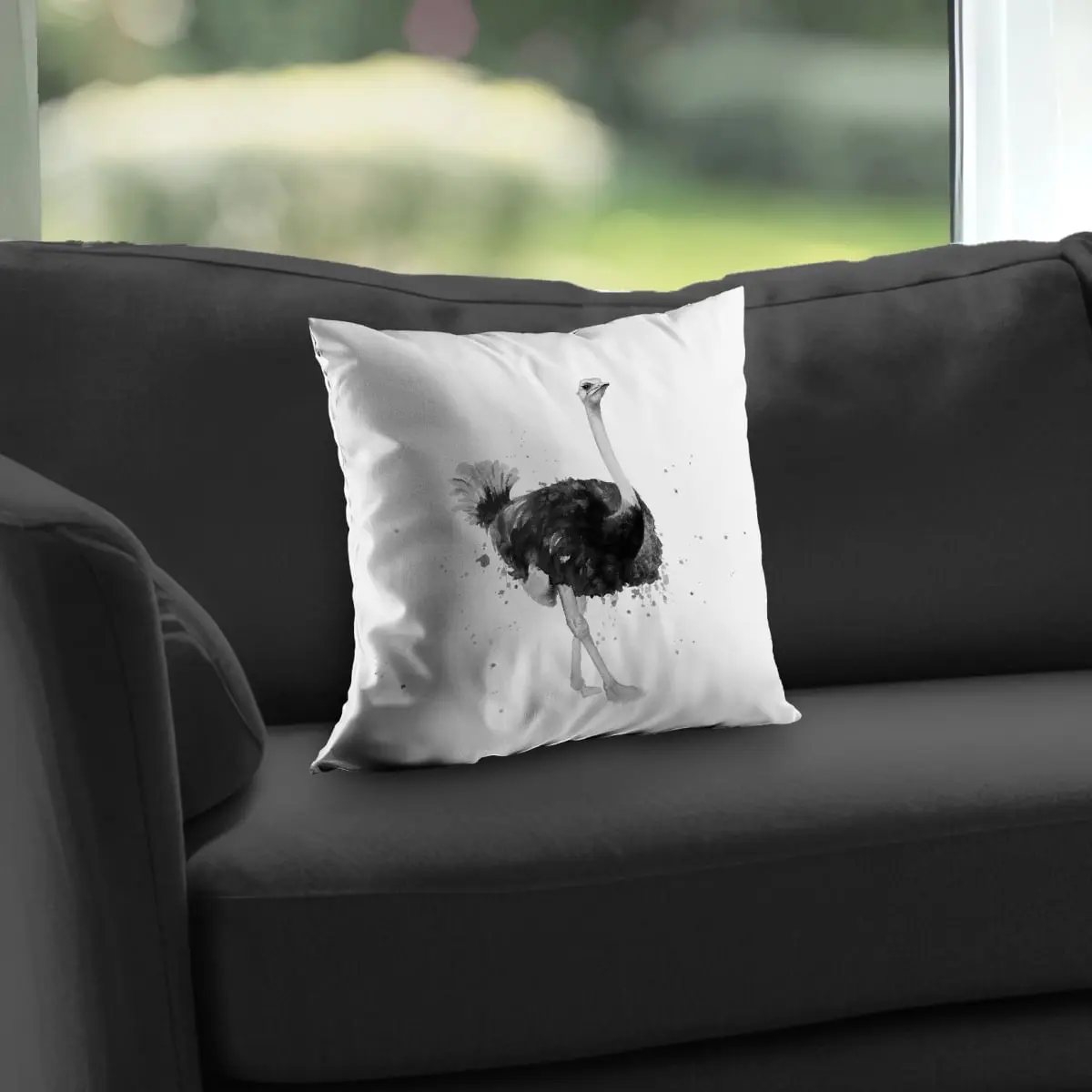 360 Stand Ostrich Gray Bird Poly Twill Throw Pillow - 14x14 in, Bird Motif, Animal Theme, Stylish Textile Home Decor Soft Furnishing, 14-Inch Standard Pillows, Animal-Inspired Standard Pillows