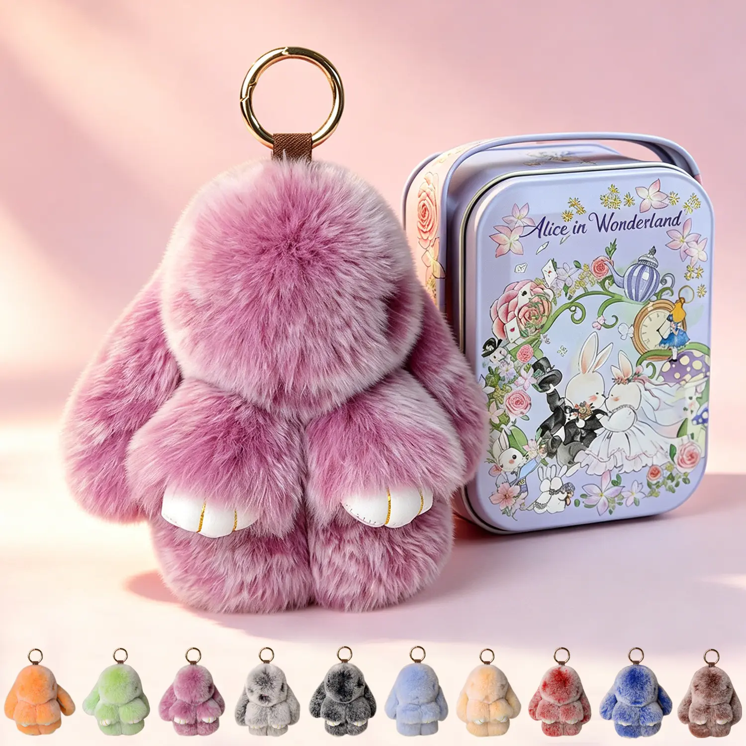 Handmade Soft Fluffy Bunny Keychain with Tin - Decorative Playful Fashion Accessory Keyring, Cute Plush Charm Gift for Home Decor Doll Ornaments