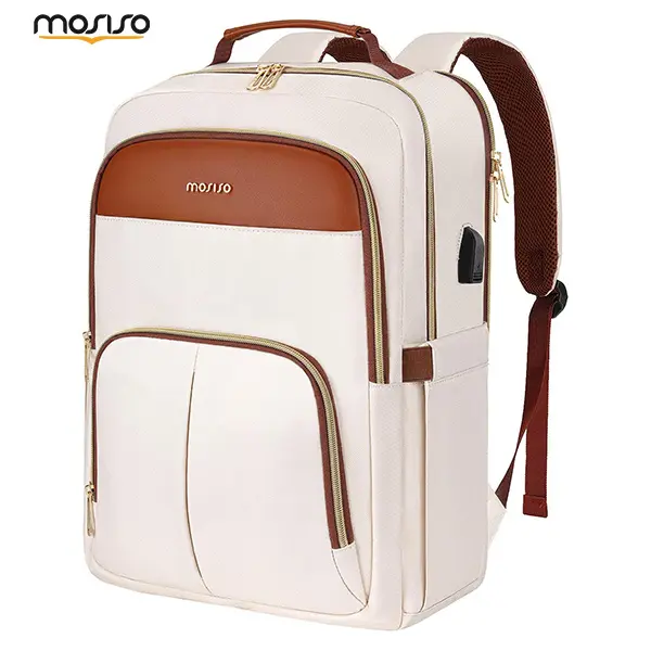 MOSISO Laptop Backpack for Women, Elegant Polyester & PU Leather Daypack for Business, Fits 15.6-Inch Laptops like HP Envy 15 with USB Port and Padded Compartment, 16.93 × 12 × 7.09 Inch