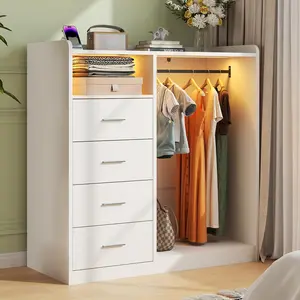 4 Drawer Dresser with Hanging Rack & LED Lights & Charging Station for Bedroom, 40.3" Large Dressers & Chest of Drawers, Storage Organizer with Open Shelves