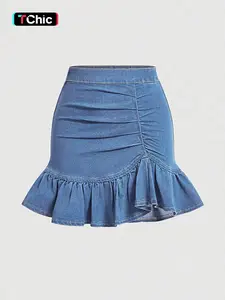 Women's Denim Fitted Bodycon Skirt, Elastic Waist Design, Casual Fashionable Style, Perfect for Spring & Summer Wear