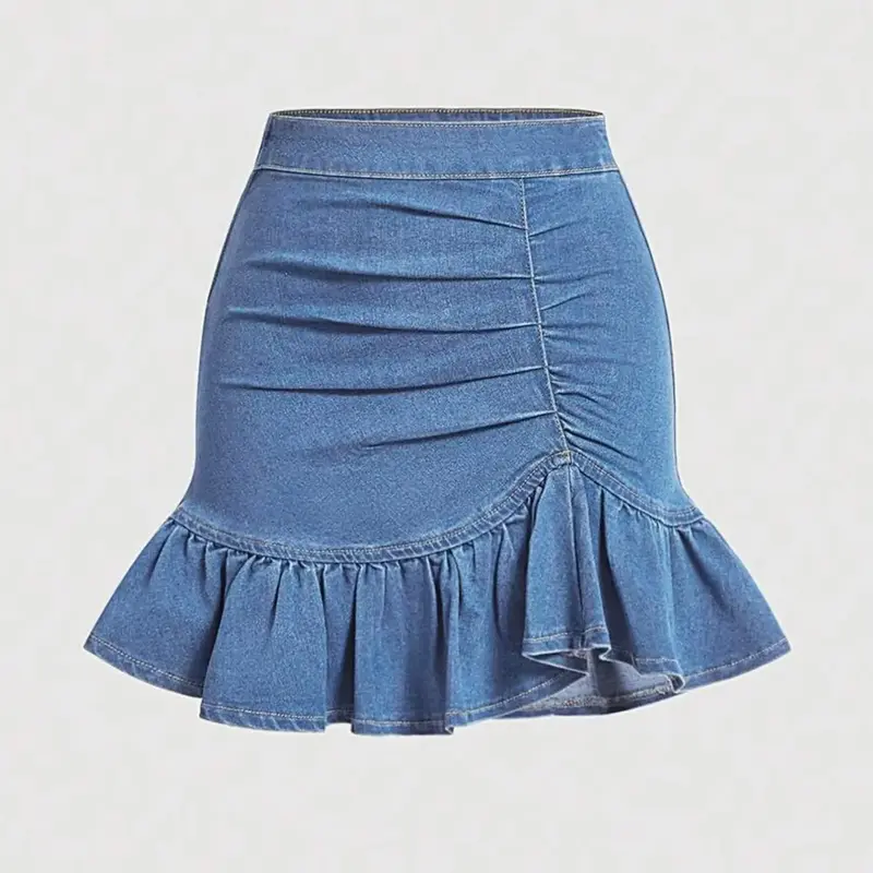 Women's Denim Ruffle Hem Bodycon Skirt, Fitted Skirt with Elastic Waist, Solid Stretch Skirt, Casual Cute Aesthetic Fashionable Skirt for Spring and Summer