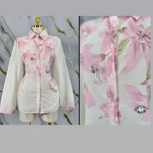 Elegant Floral Blouse with Pink Floral Print and Crystal Buttons for Women