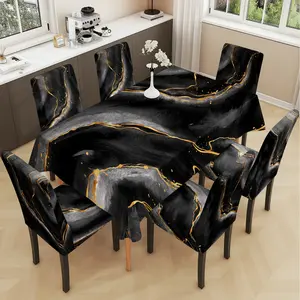 2/5/7PCS restaurant chair cover tablecloth, black gold-plated background printed table and chair protective cover, elastic polyester fiber sliding cover, dirt resistant, sewn closed, detachable cleaning, suitable for home, office, Dining Chair Cover