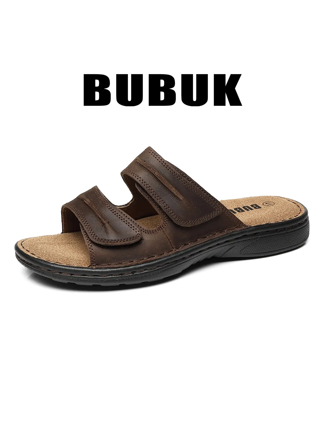 BUBUK Men's First Layer Cowhide Slippers Soft Sole Flat Bottom All-Season Comfortable Toe-Exposed Design Outdoor Walking Beach Hiking Travel Shoes