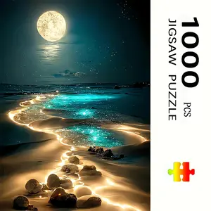S&H 300/500/1000 Piece Glow-in-the-Dark Beach Puzzle - Moonlit Starry Sky Path, Sparkling Shells and Turquoise Water - Challenging Large Puzzle for Adults and Families, Relaxing Room Decor, Boxed Educational Game, Family Gathering Activity