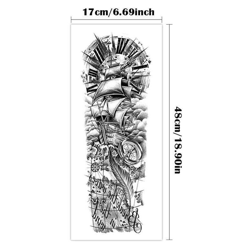Large Full Arm Sleeve Waterproof Realistic Tattoos Temporary Tattoo Sticker Black Pirate Ship Compass Anchor Clock Compass Feather Text Word Sentence Tribe Totem Design Fake Tatoo Body Art Tatto Men Women Leg