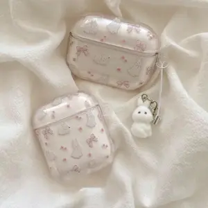 Cute Cartoon Rabbit & Bow Pattern Earphone Case with Keychain, Earphone Protective Cover, Earphone Accessories Compatible with AirPods, Headset