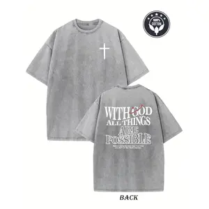 Men's 230gsm Heavyweight Vintage Washed T-Shirt, With God All Things Possible Cross Dual-Sided Print, Loose Hip Hop Streetwear Christian Graphic Tee, Breathable Cotton Casual Top
