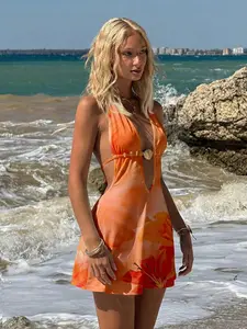Women's Halterneck Backless Orange Floral Print Western Mini Dress - Hawaii Boho Summer Beach Party Outfit For Spring Break, Tropical Island Wedding, Anniversary, Bridesmaid Party, Date Night, Wedding Guest, Bridal Shower, Music Festival & Chi