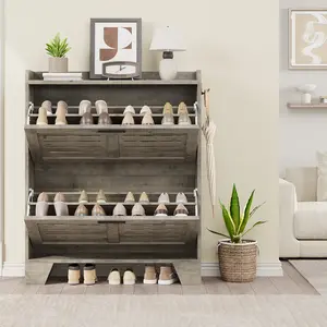 Shoe Cabinet Storage for Entryway, Narrow Shoe Cabinet with 2 Flip Drawers, Freestanding Hidden Narrow Shoe Organizer Cabinet with Hooks for Entrance, Foyer, Hallway ﻿