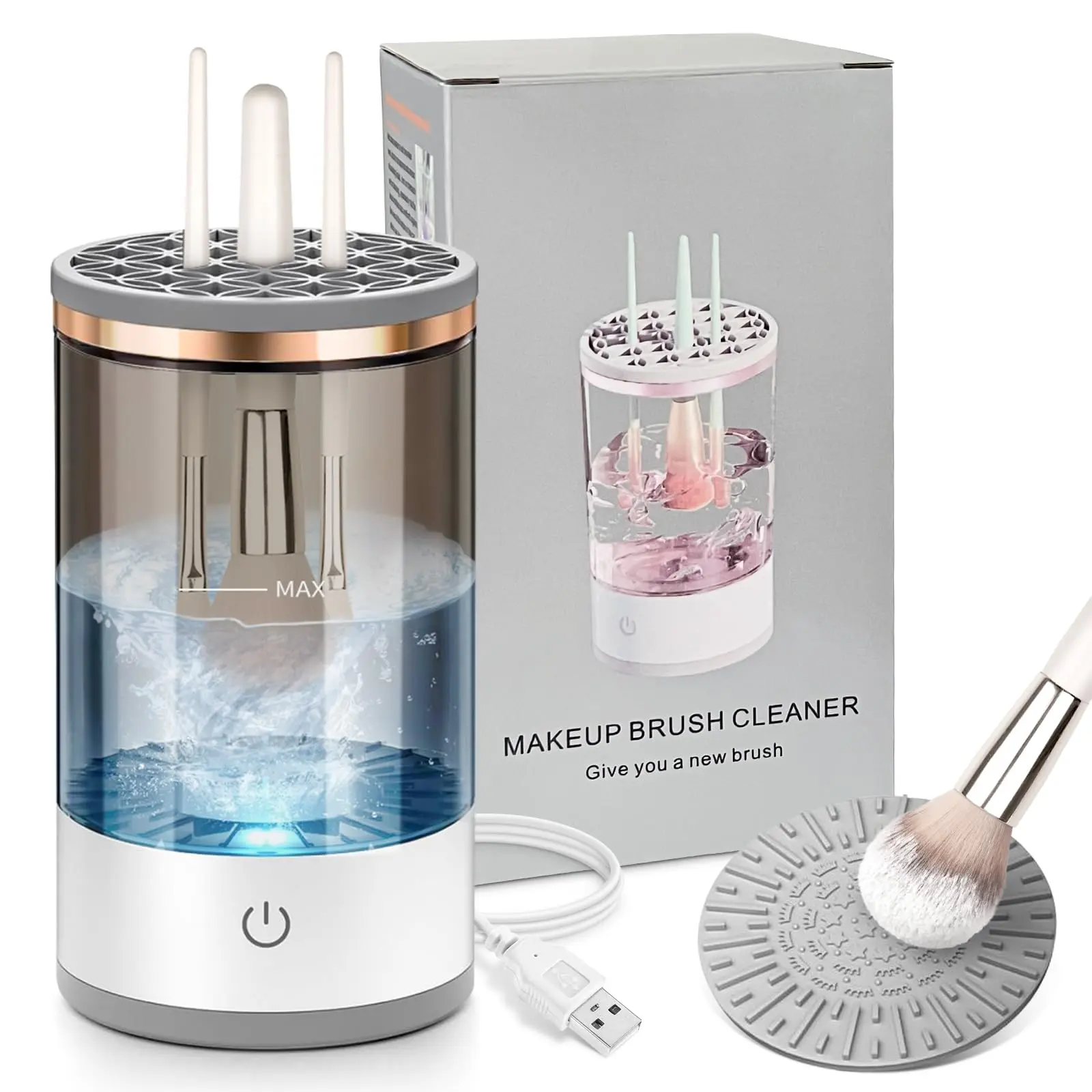Electric Makeup Brush Cleaner - Sonic 360 Degree Rotation Electronic Device with Water-Based Deep Cleanse, USB Rechargeable Portable Automatic Beauty Tool for Home & Travel Use, Cells-Powered, Makeup Brush Cleaners, Beauty Products, All Brushes