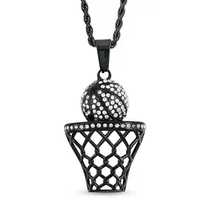 Crystal Slam Dunk Basketball Pendant Necklace 22 Inches in ION Plated Black Stainless Steel