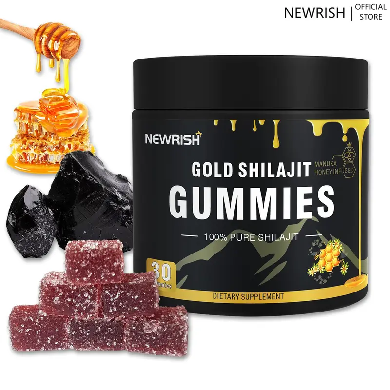 Newrish Gold Shilajit Gummies - 100% Natural & Organic - 30 Gummies with Manuka Honey Fulvic Acid & 85+ Trace Minerals for Enhanced Athletic Performance - Fitness