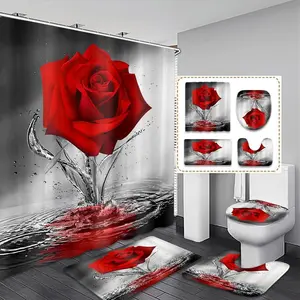Rose Pattern Bathroom Decor Set, 1 Count Shower Curtain & 1 Count Toilet Lid Cover & 1 Count Bath Mat & 1 Count Toilet Mat, Bathroom Accessories, Floral Shower Curtains For Bathroom, Shower Essentials, Shower Curtain Sets