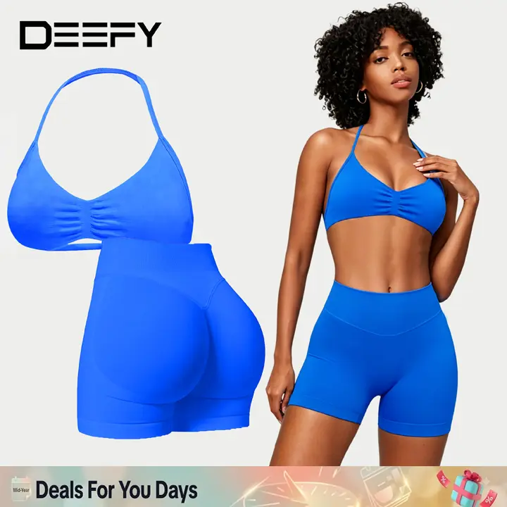 [SIZE UP 1] DEEFY Two-Pieces Suit Impact Strappy Bra&Impact Shorts Fitness Yoga Sports Women Activewear Gym Outdoor Tank Tops Hidden Scrunch Butt Lifting Gymwear Shorts Womenswear