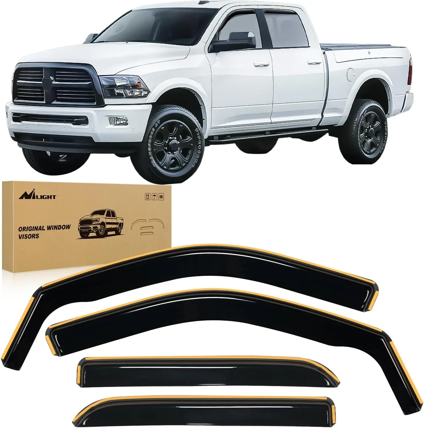 Nilight 4 Pcs Custom Fit Acrylic Aerodynamic In-Channel Rain Guards - Waterproof Window Deflectors, Wind Noise Cut Vent Visors, Tool-Free Truck Accessories for Ram 1500 2009-2018 Crew Cab, 2019-2023 Classic Body