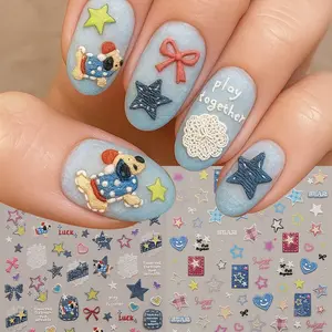 2pcs Self Adhesive Embossed 5D Nail Art Stickers Cute Denim Patch Dogs Bow Tie Stars Lovely Nail Decals DIY Manicure Decorations Nail Accessories