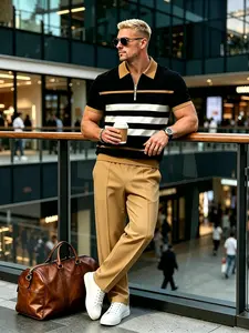 Men’s summer polo shirt two-piece set with short sleeves and long pants. A stylish black striped half-zip short-sleeve top paired with brown-brown long pants, suitable for various occasions—fashionable and casual.