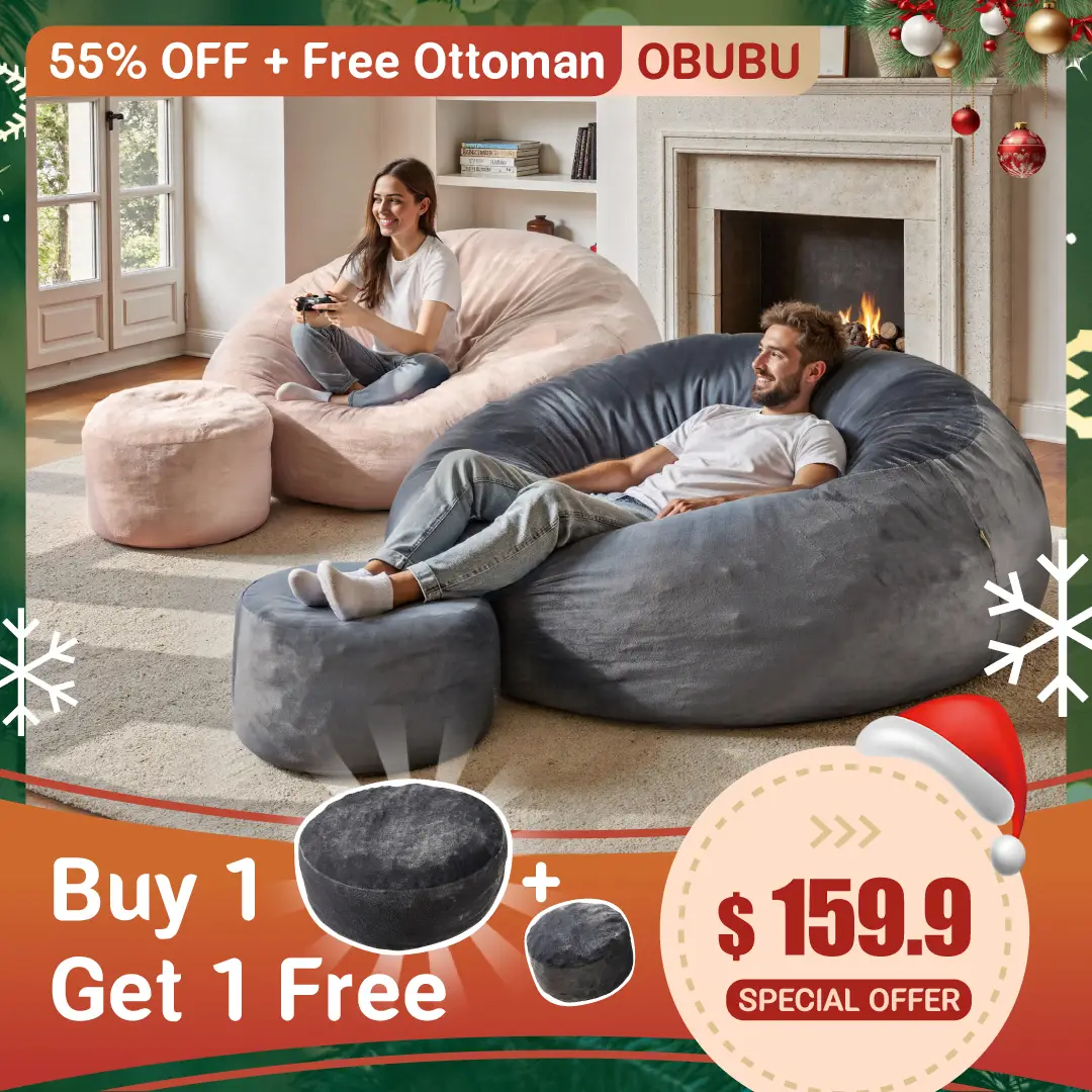 【Fall Deals For You】Ovios Large 59" W Bean Bag Chair with Ottoman for Adults, Comfy Boneless Round Couch with Foam Filling and Plush Cover, O Shaped F