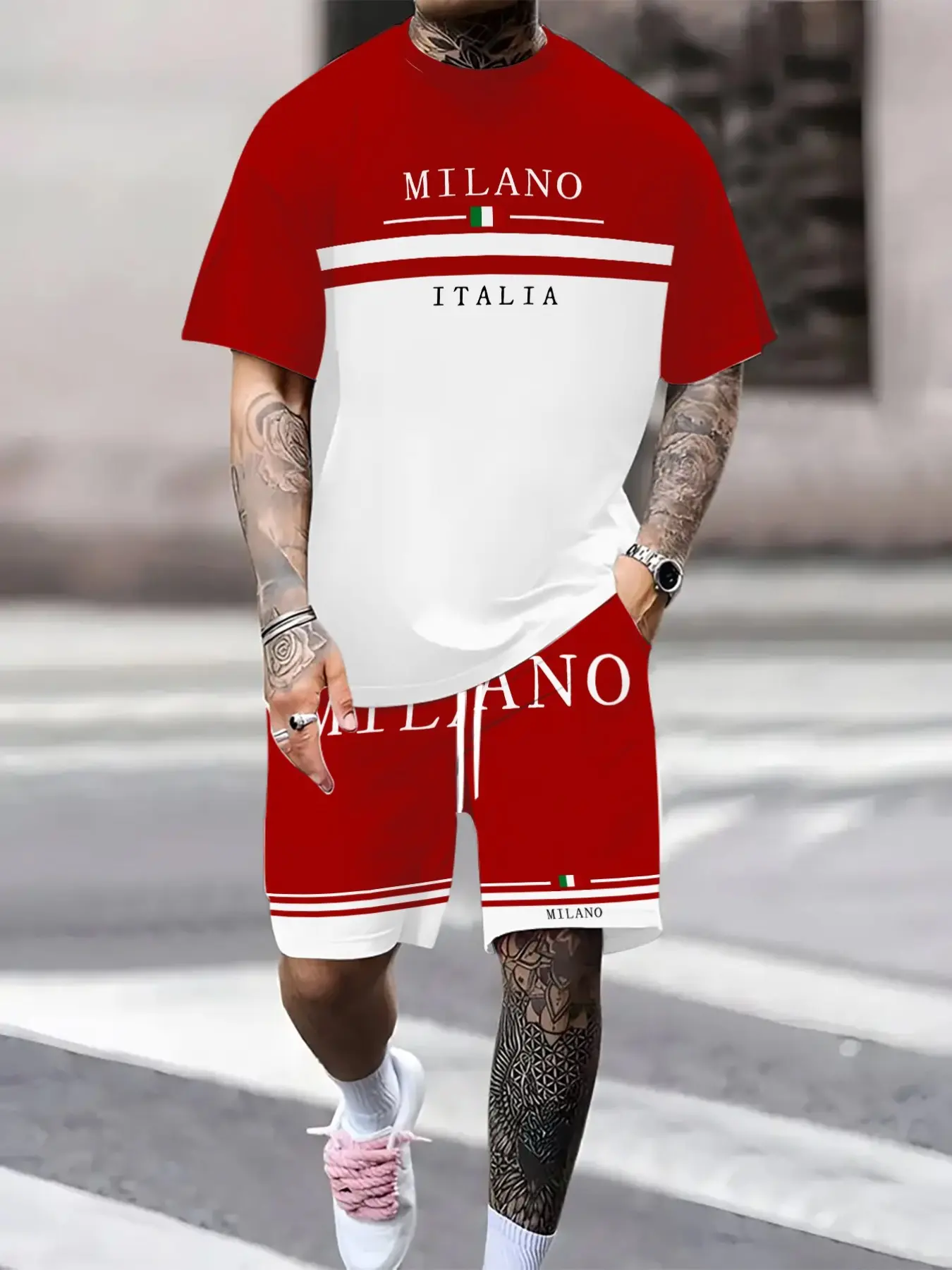 Men's fashionable casual athleisure street fit Summer sportswear set: 3D letter print crew neck T-shirt and drawstring shorts set. Comfortable, versatile, and suitable for outdoor activities. Athleisure Summer Clothes Workout Sets