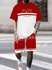 Men's fashionable casual athleisure street fit Summer sportswear set: 3D letter print crew neck T-shirt and drawstring shorts set. Comfortable, versatile, and suitable for outdoor activities. Athleisure Summer Clothes Workout Sets