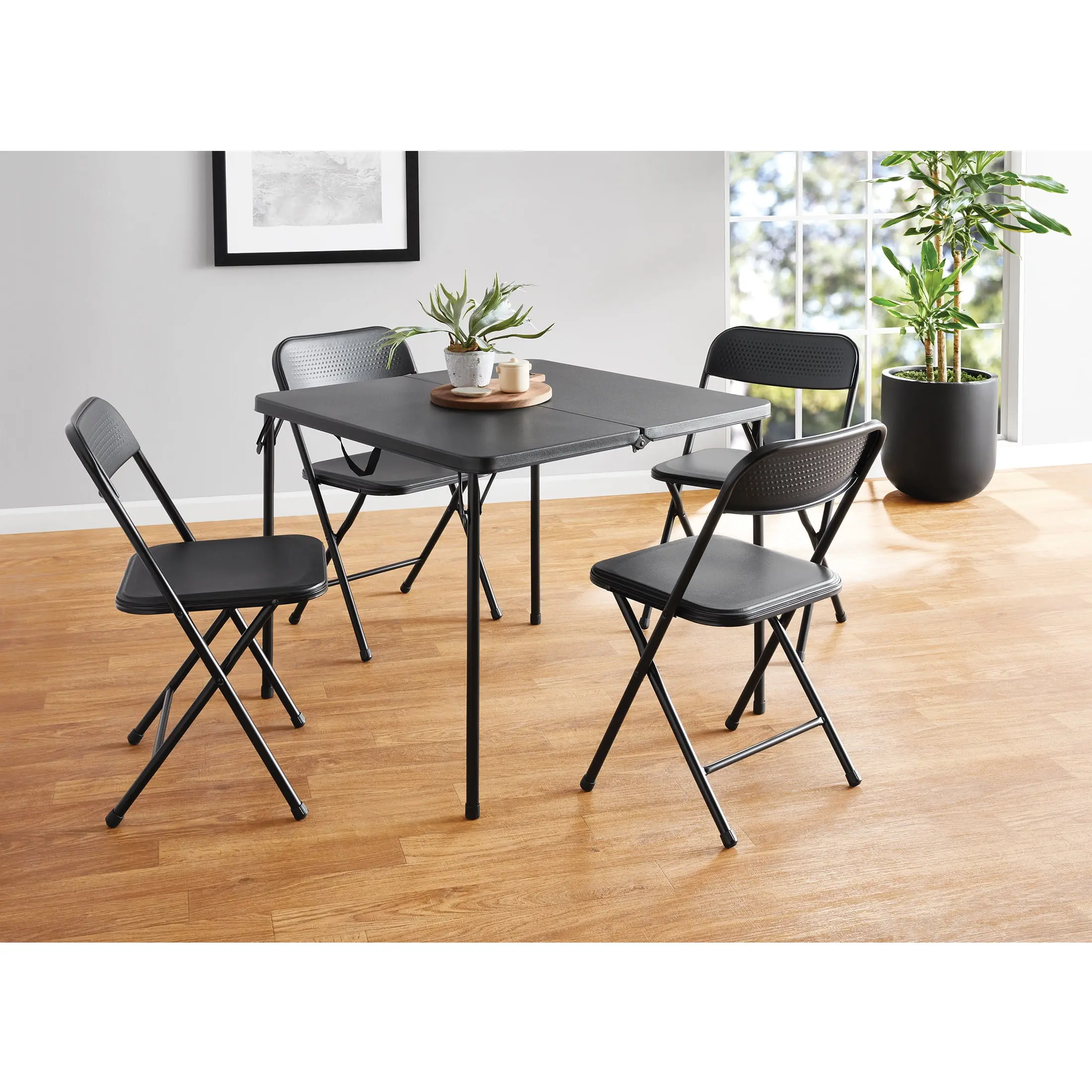 Mainstays 5-Piece Outdoor Furniture Set, 34" Square Centerfold Folding Card Table with 4 Folding Chairs, Black