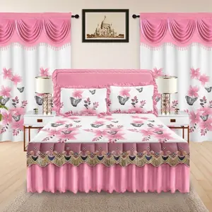 5 Piece Pink and White King Size Sheet Set with Vibrant Nature Theme Comforter Pillowcases Curtains and Tie-backs for Cozy Bedroom Decor