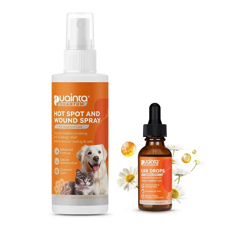 Puainta Pet Care Kit 4oz Quantum Silver Pipot Dog and Cat Skin Spray - Relieve Itching and Scratching Quantum Silver Ear Drops for Dogs Ear Infection
