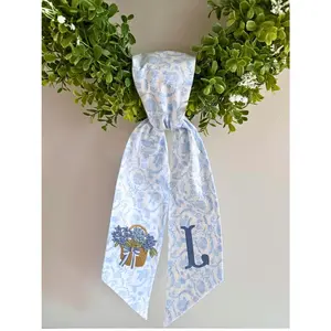 Embroidered Floral bow Wreath Sash, blue toile Spring Summer Door Decor, Handmade Fabric