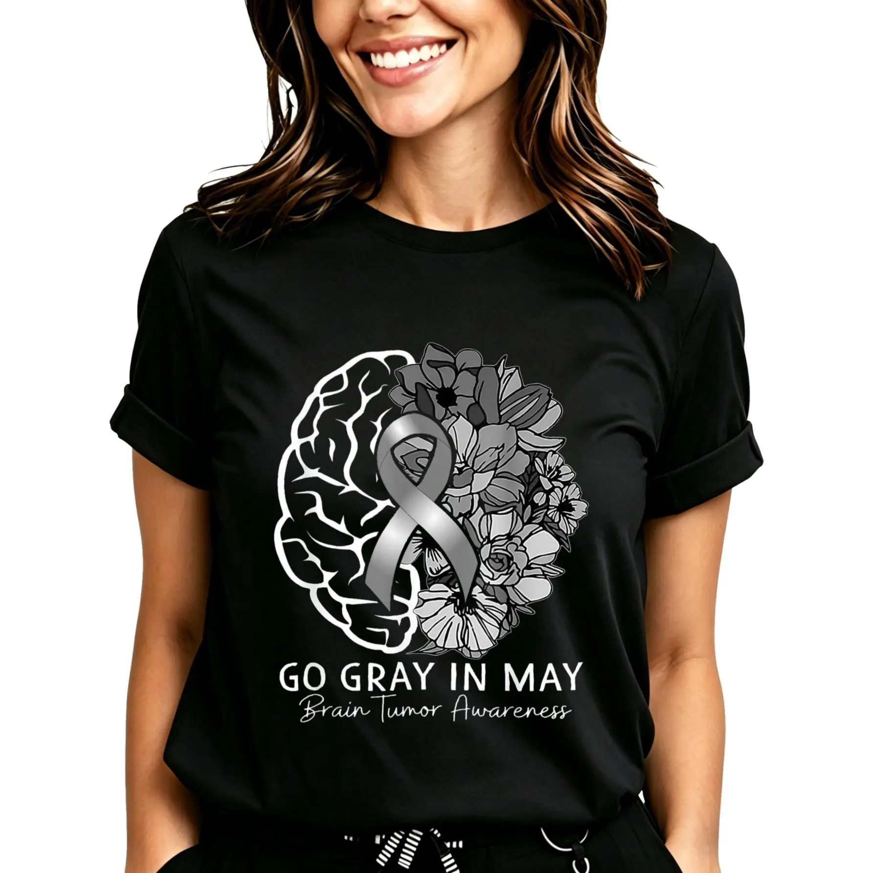 Men's Brain Tumor Awareness Ribbon Flower Print Comfortable Short-Sleeve Cotton T-Shirt, Casual Top for Daily Wear