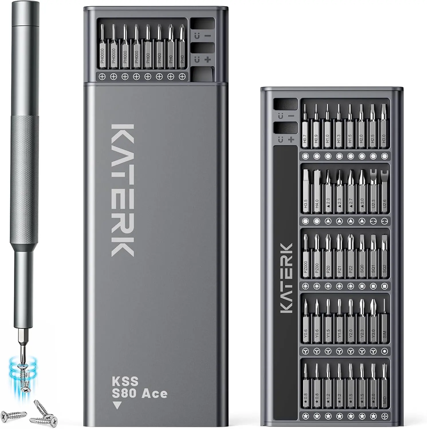 KATERK 80-in-1 Precision Mini Magnetic Screwdriver Set, Hand Tool Repair Kit with 78 Magnetic Tip Bits, Wear-Resistant, Anti-Stripping, Compact Organized for Glasses, Laptops, Smartphones, 78 Bits