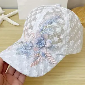 Female embroidered flower mesh breathable baseball cap, summer thin lace cap