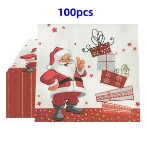 Santa Claus Pattern Napkin, 100pcs Disposable Napkin, Holiday Party Decoration Supplies, Disposable Tableware for Home Kitchen Party