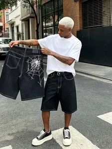 Men's Vintage Y2K Style Bermuda Shorts with Spider Web Embroidery and Loose-Fitting Wide Legs, Streetwear Casual Jeans with Zipper Fly and Floor-Length Hem for All Seasons, Embroidered Shorts