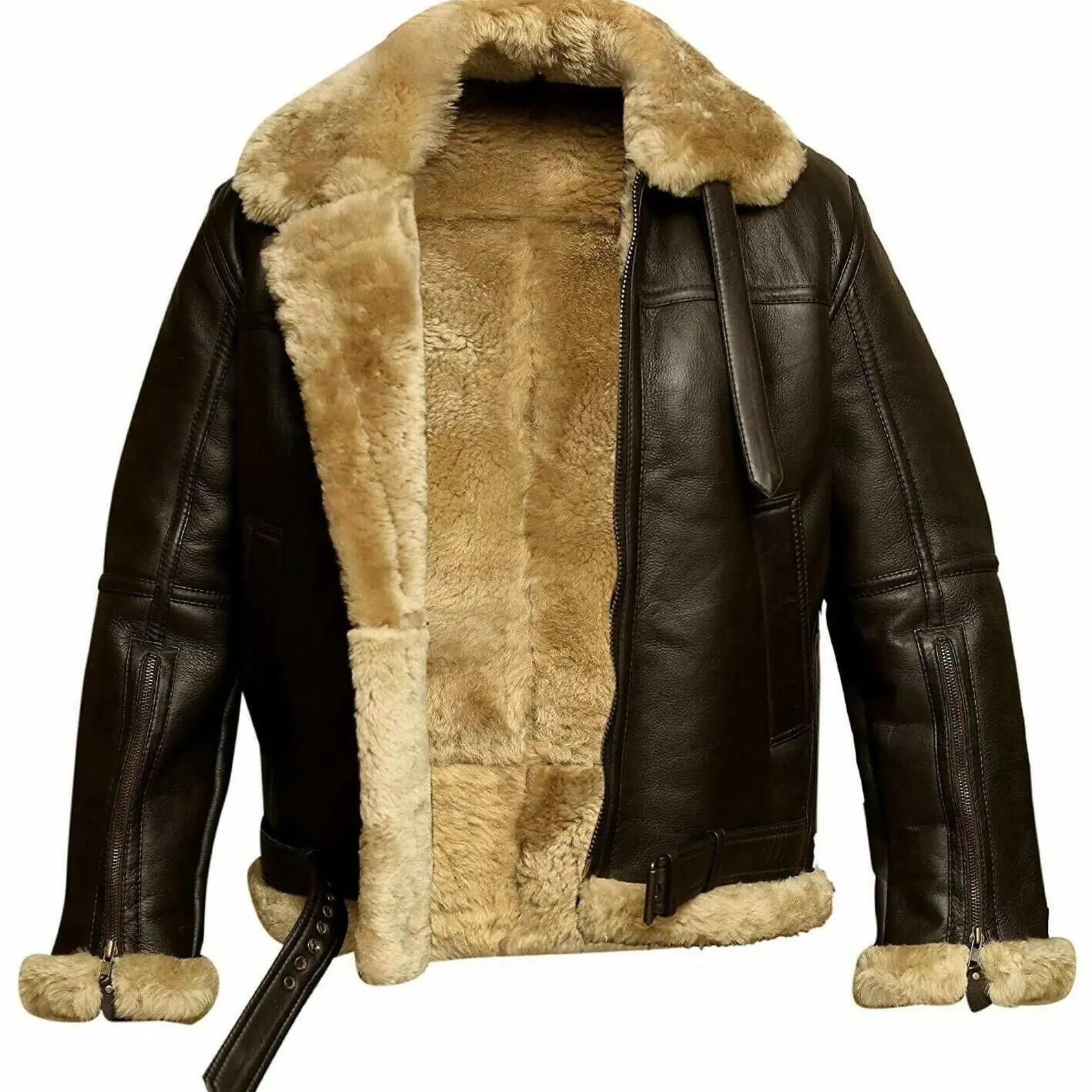 Kawishkaaf Men's Real Leather RAF Aviator Jacket Coat B3 Buffalo Skin Pilot Flying - Faux, Menswear Artificial Belt Elegant Pocket